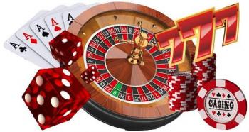 Rouletthjul omgivet av spelkort, tärningar, spelmarker och sju-symboler från enarmade banditer